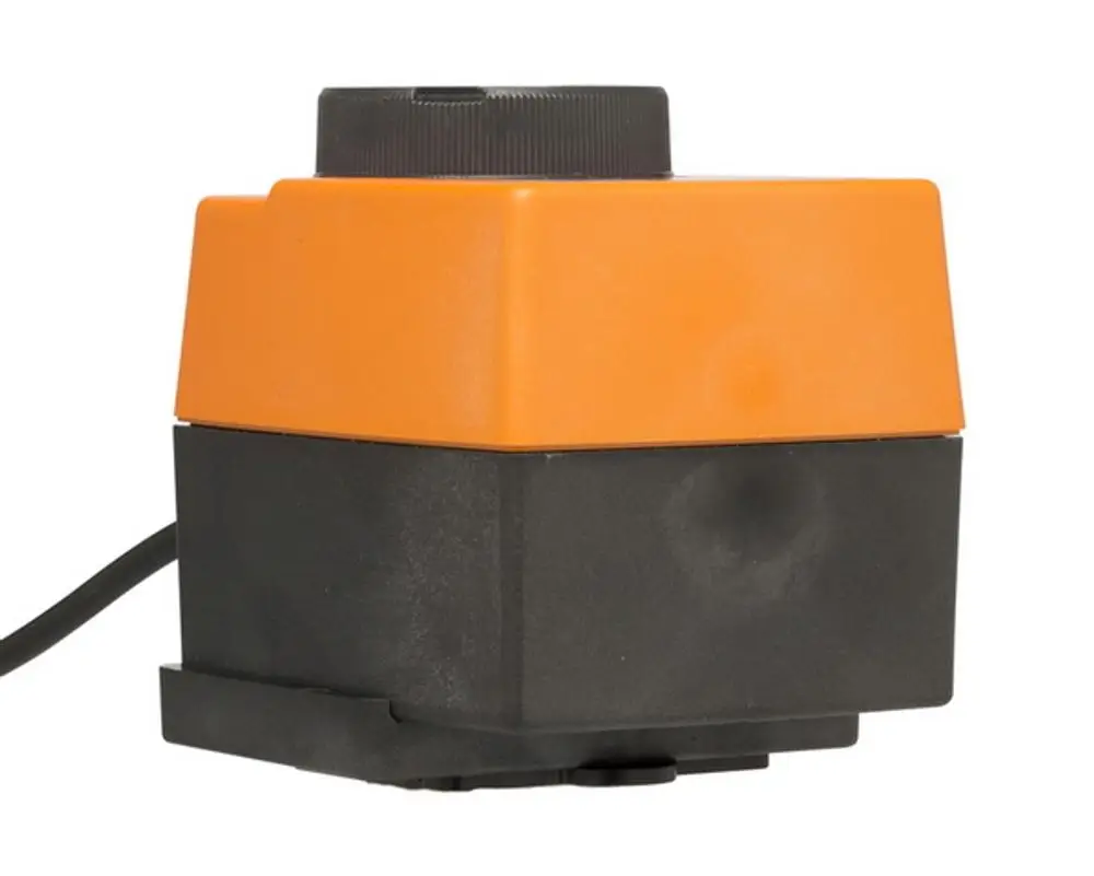 Dreh-Stellantrieb in orangener und schwarzer Farbe, mit Anschlusskabel, von IMI Hydronic Engineering. Kompakte Bauform, geeignet für automatische Regelungen.